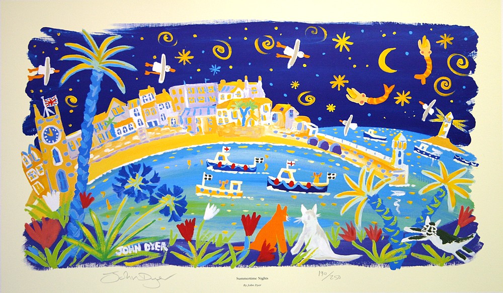 Two cats look across the sea to St Ives in Cornwall. Night sky with topless mermaids and seagulls. Art print by Cornish artist John Dyer. Agapanthus flowers and palm trees. Black and white cat.