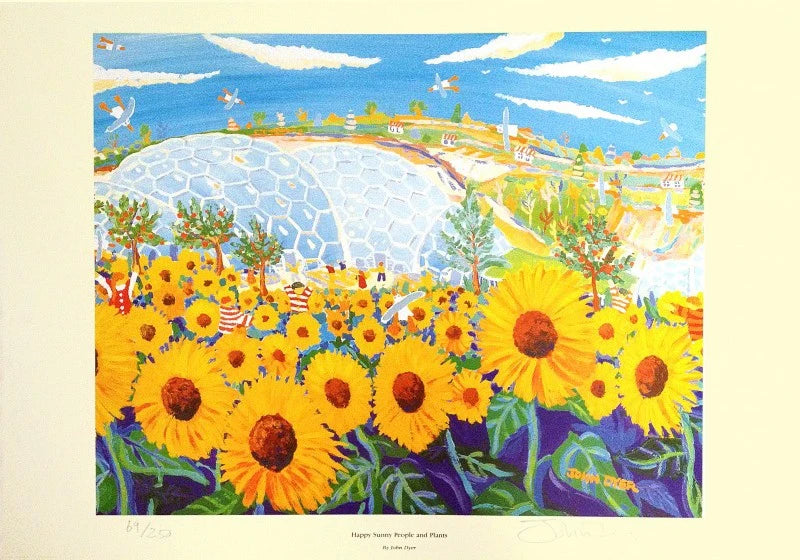 Eden Project Garden Sunflower Limited Edition Print by Artist John Dyer. 'Happy Sunny People and Plants'. Cornwall Art Gallery Print John Dyer