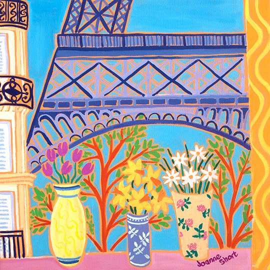 Original painting by Joanne Short. A Glimpse of Paris.. Eiffel Tower and flowers