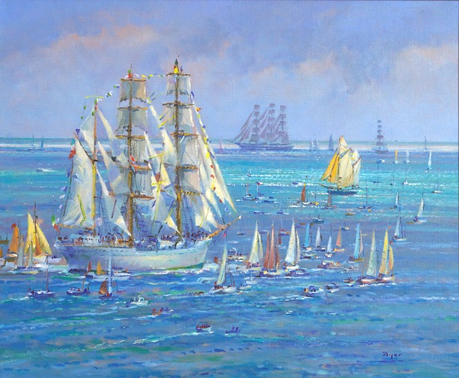 Original Oil Painting. Sunlight on the Sails, Falmouth Tall Ships Regatta. By Ted Dyer.