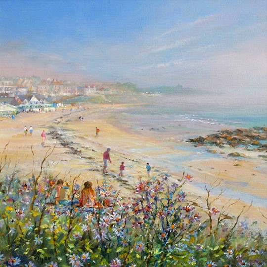 Original Oil Painting on Canvas. Relaxing Day at the Beach, Gyllyngvase, Falmouth. By British Artist Ted Dyer.