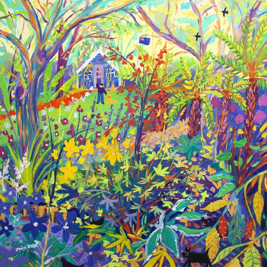 Original Painting by John Dyer. Alan and the Tree Ferns, Barleywood. The Garden of Alan Titchmarsh. BBC Gardeners&#39; World Garden. 