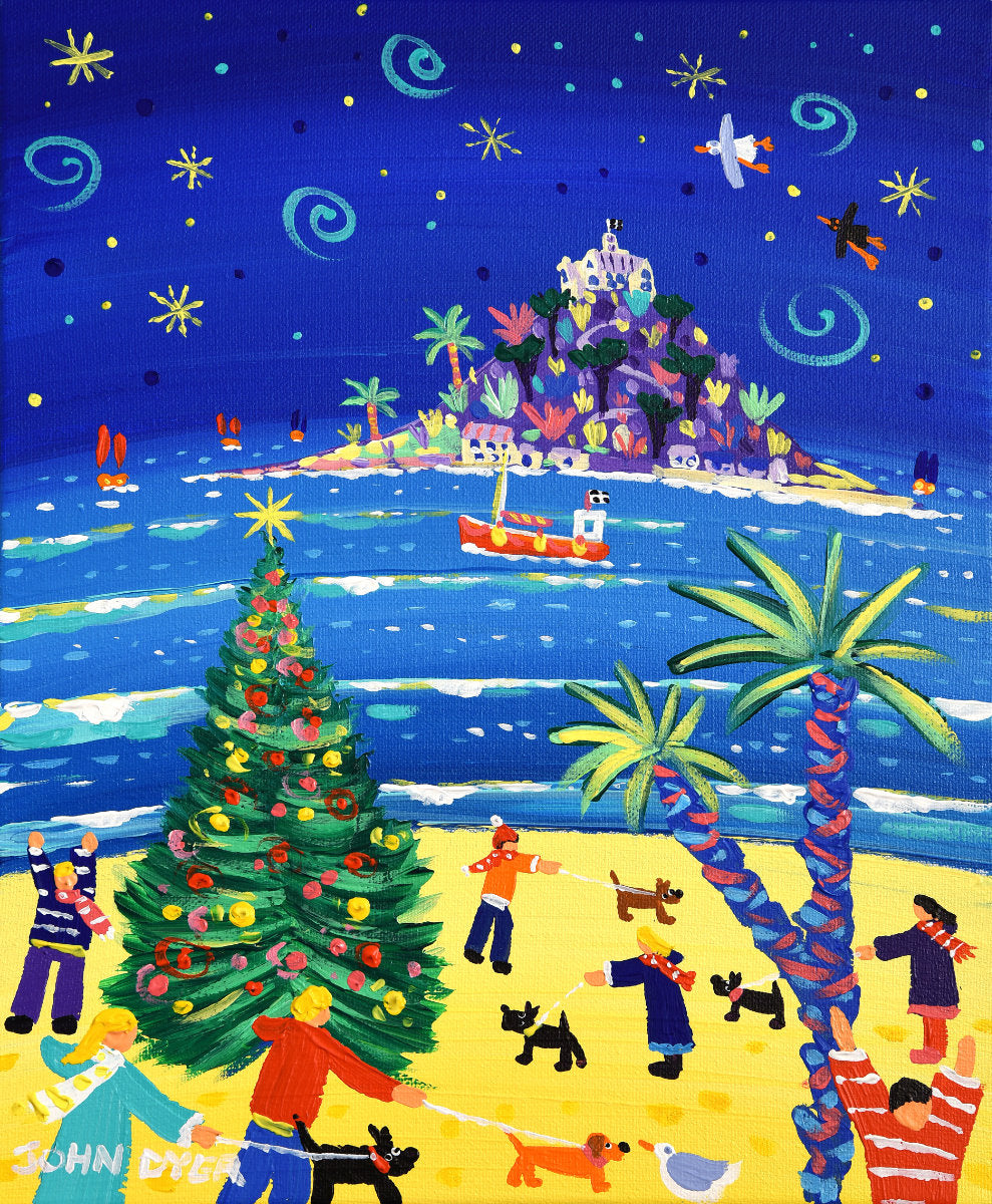 'Christmas Walkies, St Michael's Mount', 12 x 10 inches original art acrylic on canvas. Paintings of Cornwall by Cornish Artist John Dyer from our Cornwall Art Gallery