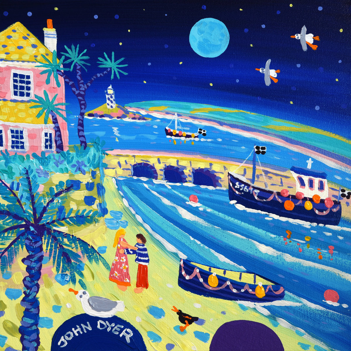 'Moonlit Lovers, St Ives', 12x12 inches acrylic on canvas. Paintings of Cornwall by Cornish Artist John Dyer. Cornwall Art Gallery