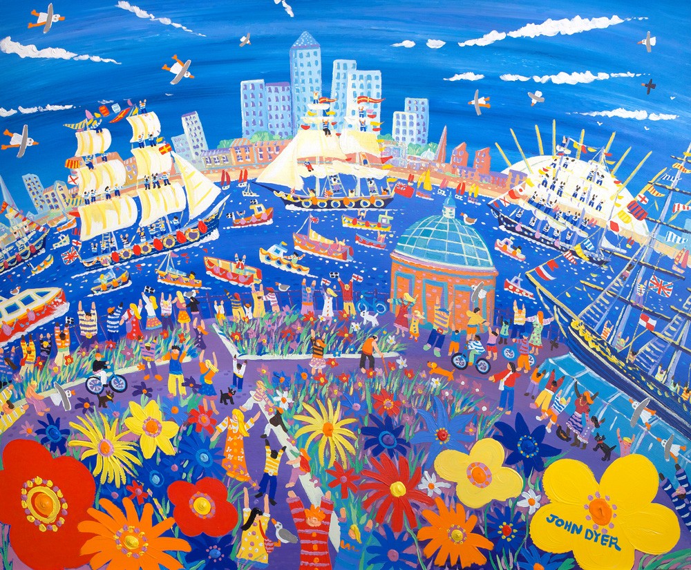 Tall ships at Greenwich in London sailing down the Thames river. O2 arean and the city of London. Limited edition print by British artist John Dyer.