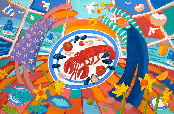 Dancing before Dinner. Original Painting by John Dyer featuring Cornish Lobster