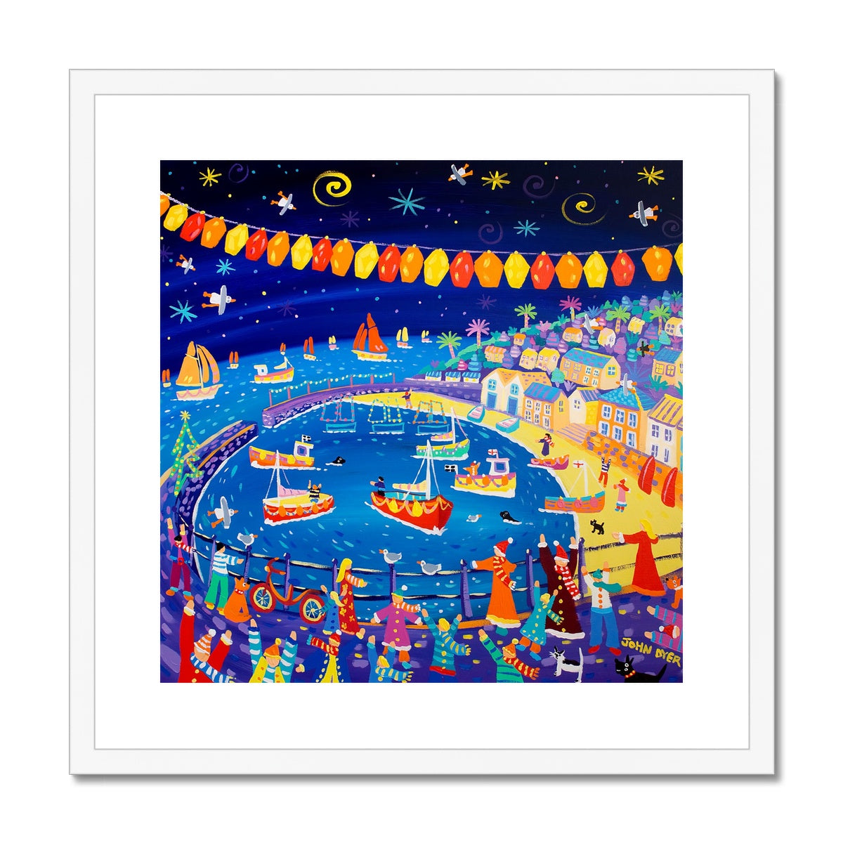 John Dyer Framed Open Edition Cornish Art Print. 'Christmas Lights, Mousehole'. Cornwall Art Gallery