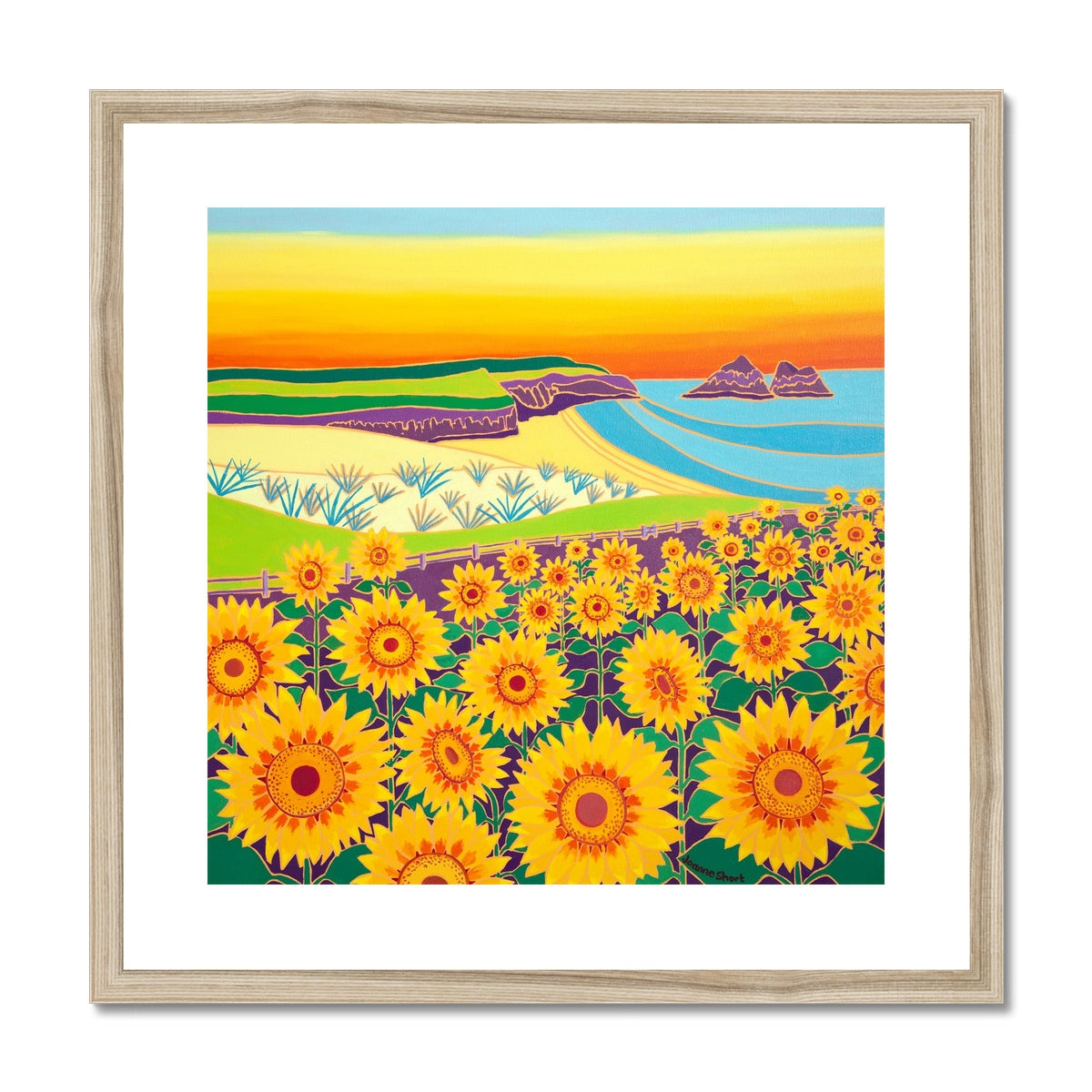 Joanne Short Framed Open Edition Cornish Fine Art Print. &#39;Sunny Sunflowers, Holywell Bay&#39;. Cornwall Art Gallery