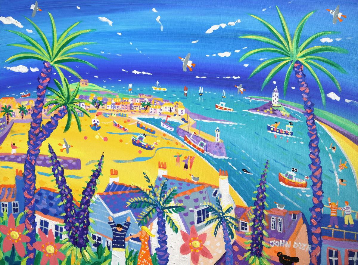 'Tropical view, St Ives', 18x24 inches acrylic on canvas. Cornwall Painting by Cornish Artist John Dyer. Cornwall Art Gallery