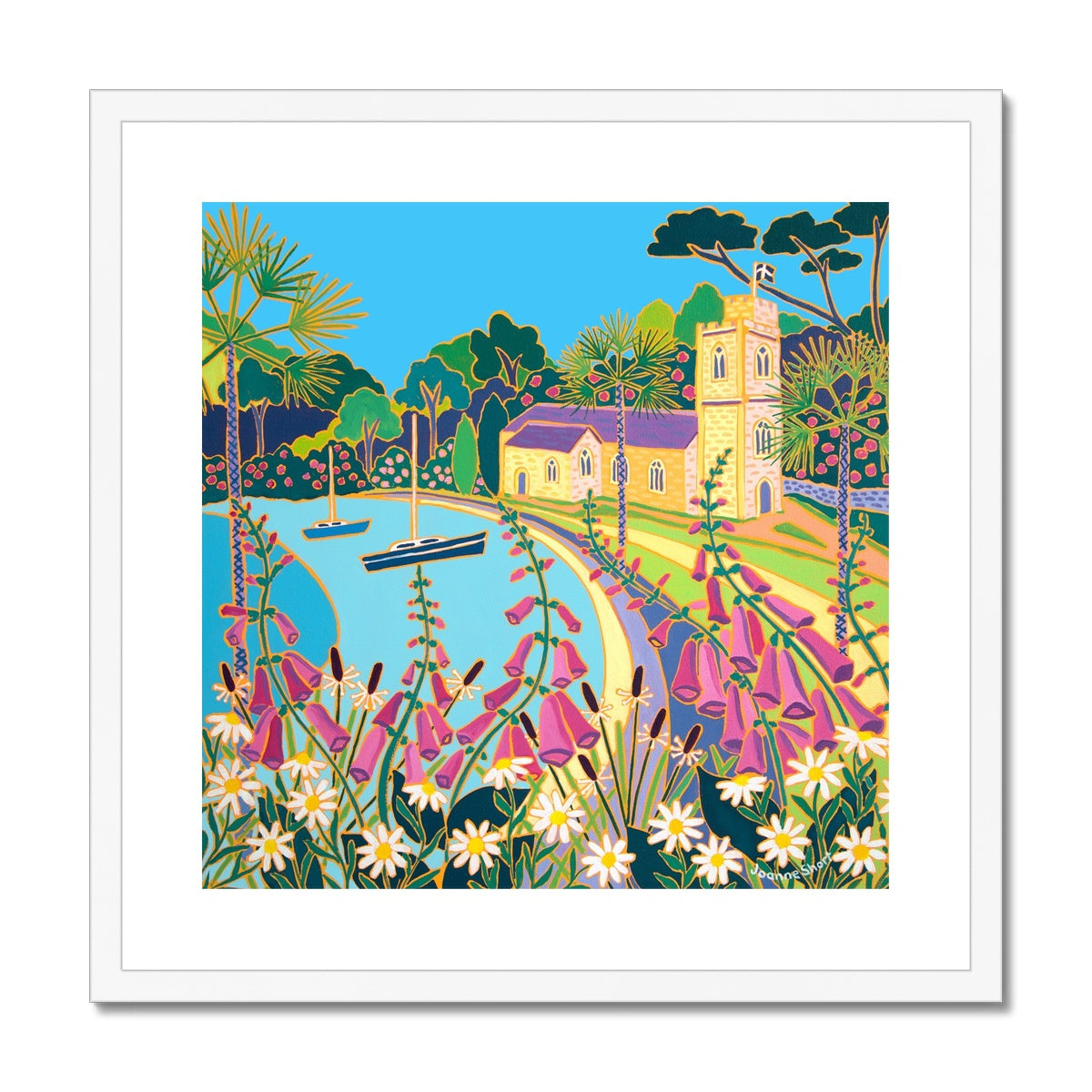 Joanne Short Framed Open Edition Cornish Fine Art Print. 'Spring Flowers at High Tide, St Just in Roseland'. Cornwall Art Gallery