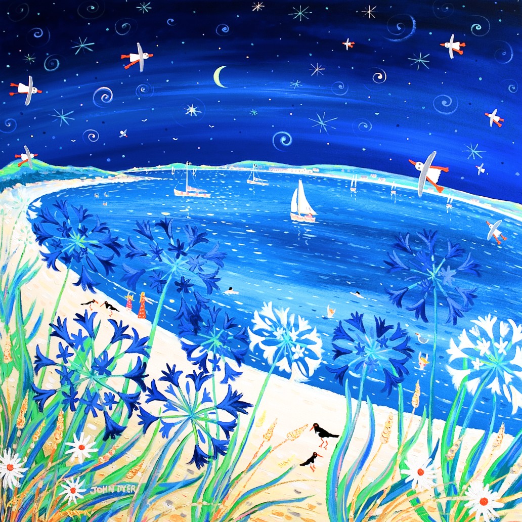 Limited Edition Print by Cornish Artist John Dyer. Moonlight and Agapanthus, Tresco. Cornwall Art Gallery Print