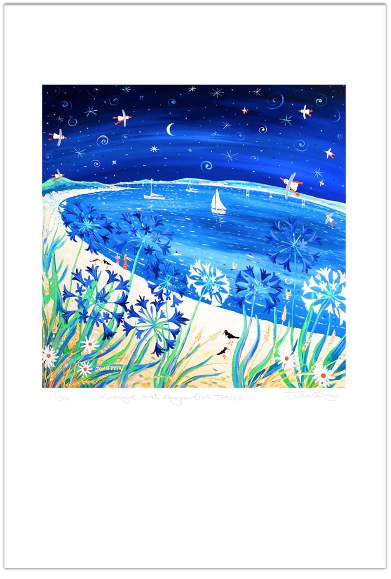 Limited Edition Print by Cornish Artist John Dyer. Moonlight and Agapanthus, Tresco. Cornwall Art Gallery Print