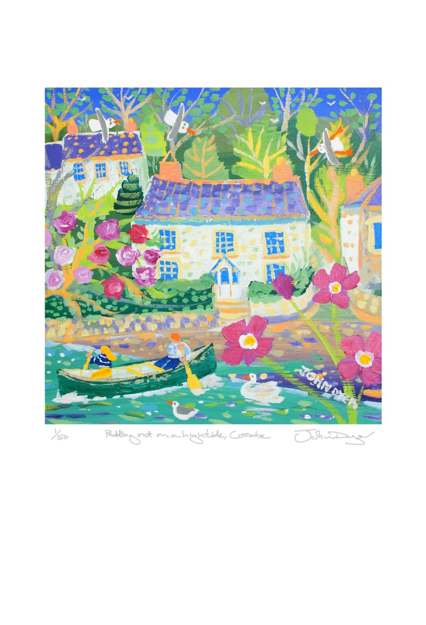 Limited Edition Print by Cornish Artist John Dyer. &#39;Paddling out on a High Tide, Coombe, Truro&#39;. Cornwall Art Gallery print featuring a canoe on the river