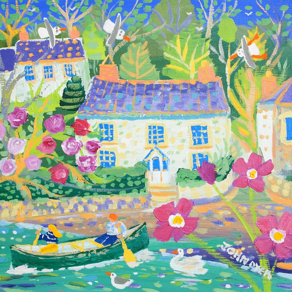 Limited Edition Print by Cornish Artist John Dyer. 'Paddling out on a High Tide, Coombe, Truro'. Cornwall Art Gallery print featuring a canoe on the river