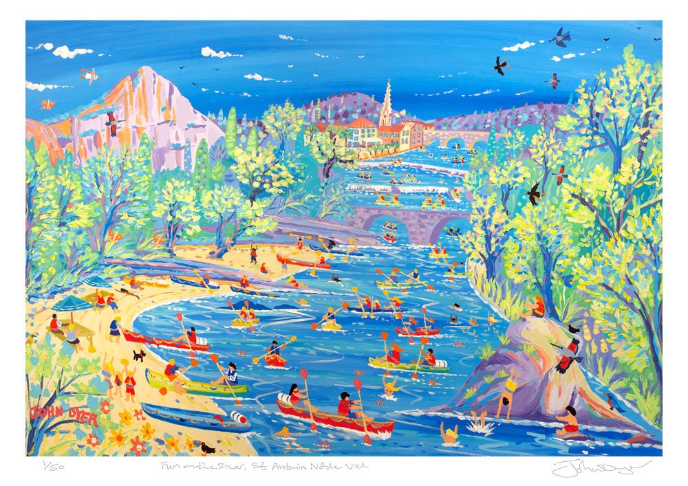 Art print of the canoes on the river at Saint Antonin, Noble Val, France by artist John Dyer.