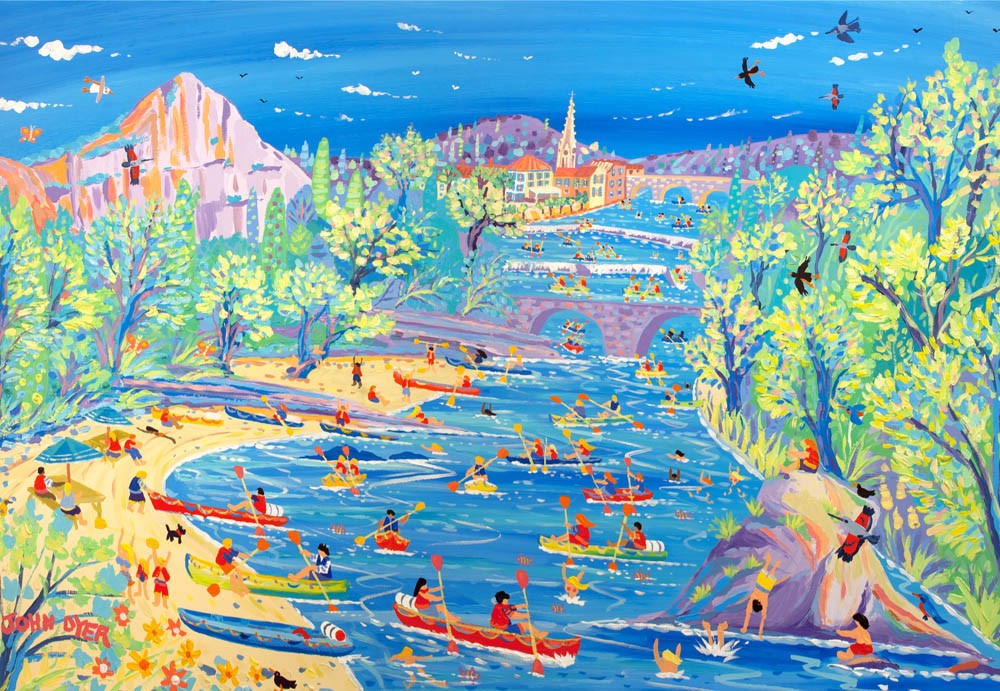 Art print of the canoes on the river at Saint Antonin, Noble Val, France by artist John Dyer.