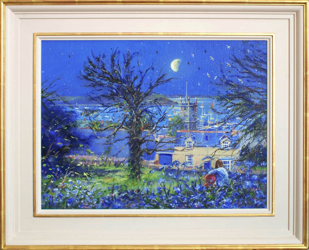 Original Oil Painting on Canvas. Moonlight over the Church, Falmouth.  By British Artist Ted Dyer.