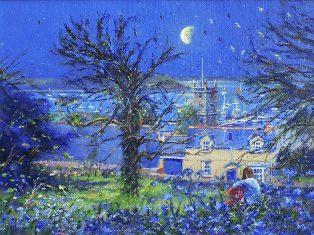 Original Oil Painting on Canvas. Moonlight over the Church, Falmouth. By British Artist Ted Dyer.