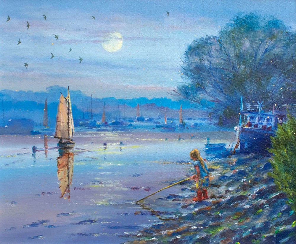Original Oil Painting on Canvas. Exploring in the Silvery Light.  By British Artist Ted Dyer.