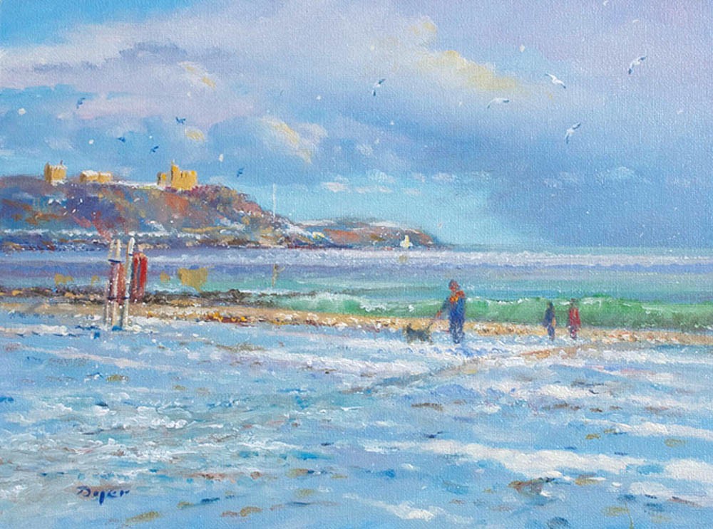 Walking in the Snow. Gyllyngvase Beach. By Ted Dyer