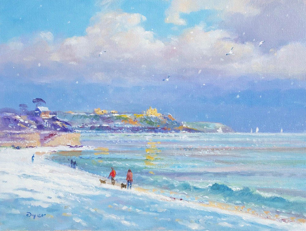 Bright Light on the Snow. Gyllyngvase Beach. Original oil Painting by Artist Ted Dyer