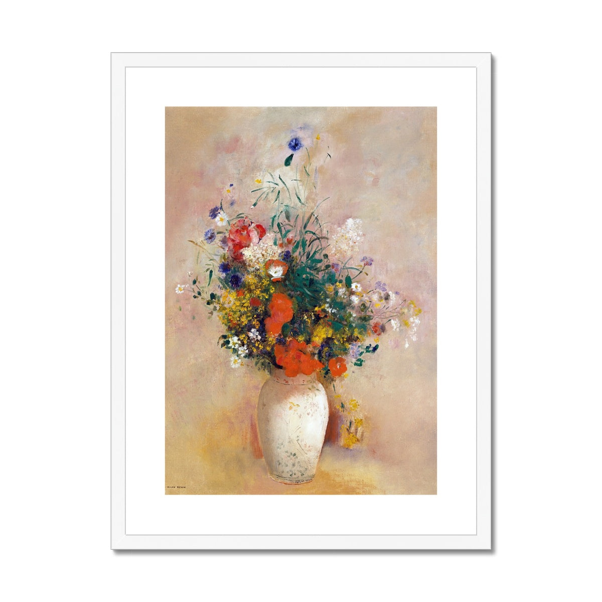'Vase of Flowers with a Pink Background' Still Life by Odilon Redon. Framed Open Edition Fine Art Print. Historic Art