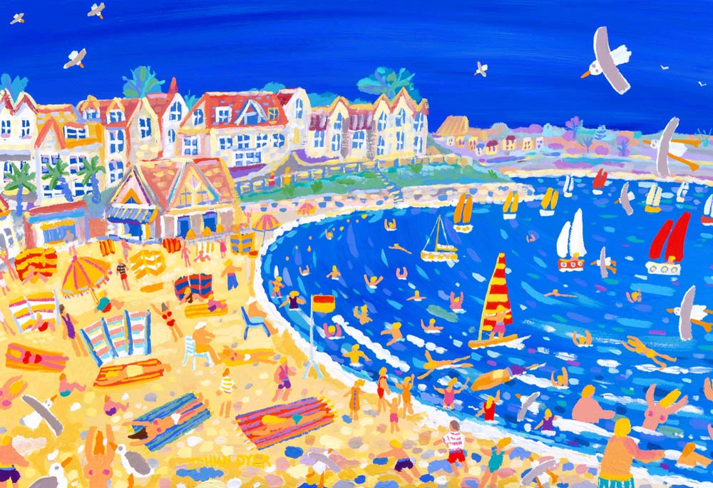 Limited Edition Print by Cornish Artist John Dyer. 'Fun on the Beach, Gyllyngvase, Falmouth'. Cornwall Art Gallery Print