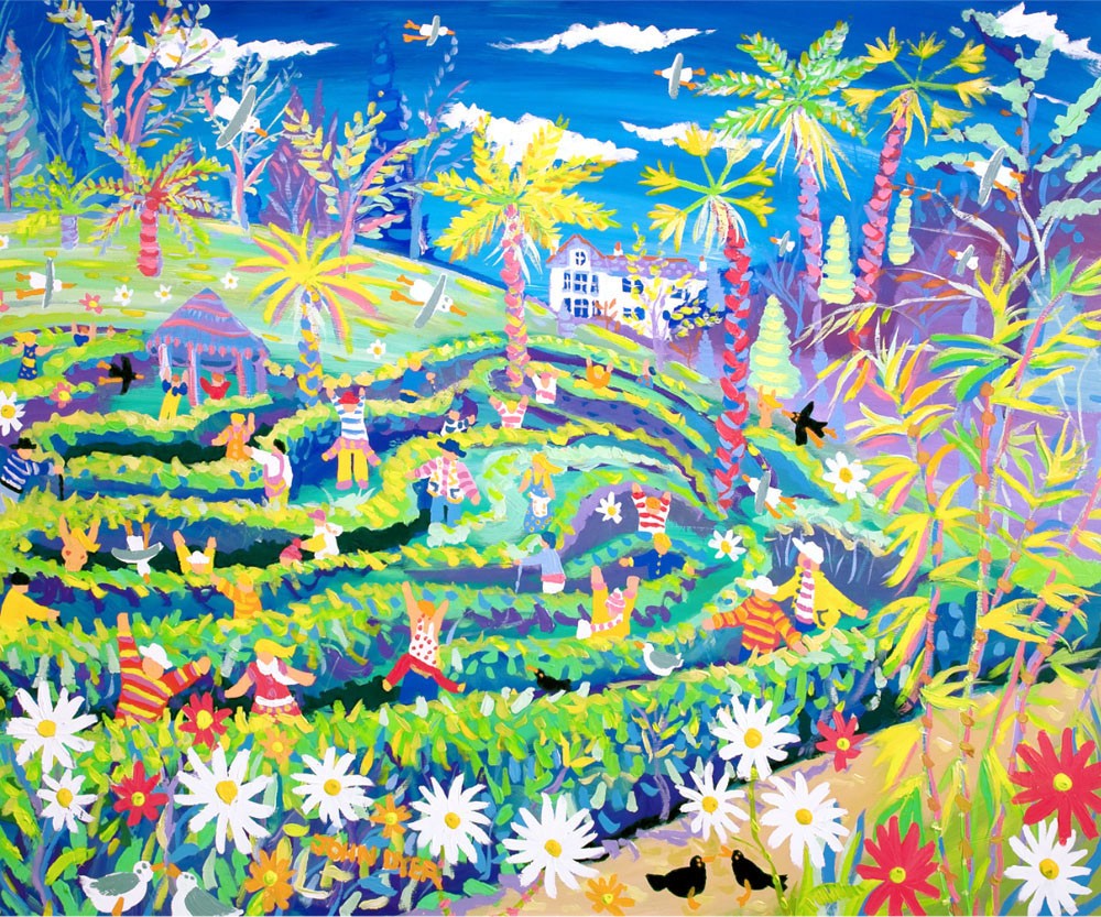 Signed Artist Print. Amazing Mayhem in the Maze in May, Glendurgan Garden by John Dyer.