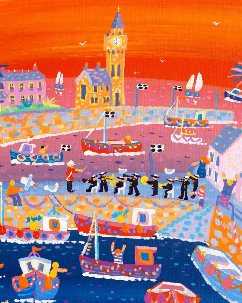 Signed Limited Edition Print by Cornish Artist John Dyer. &#39;Poppies and Players, Porthleven Sunset&#39;. Cornwall Art Gallery Print