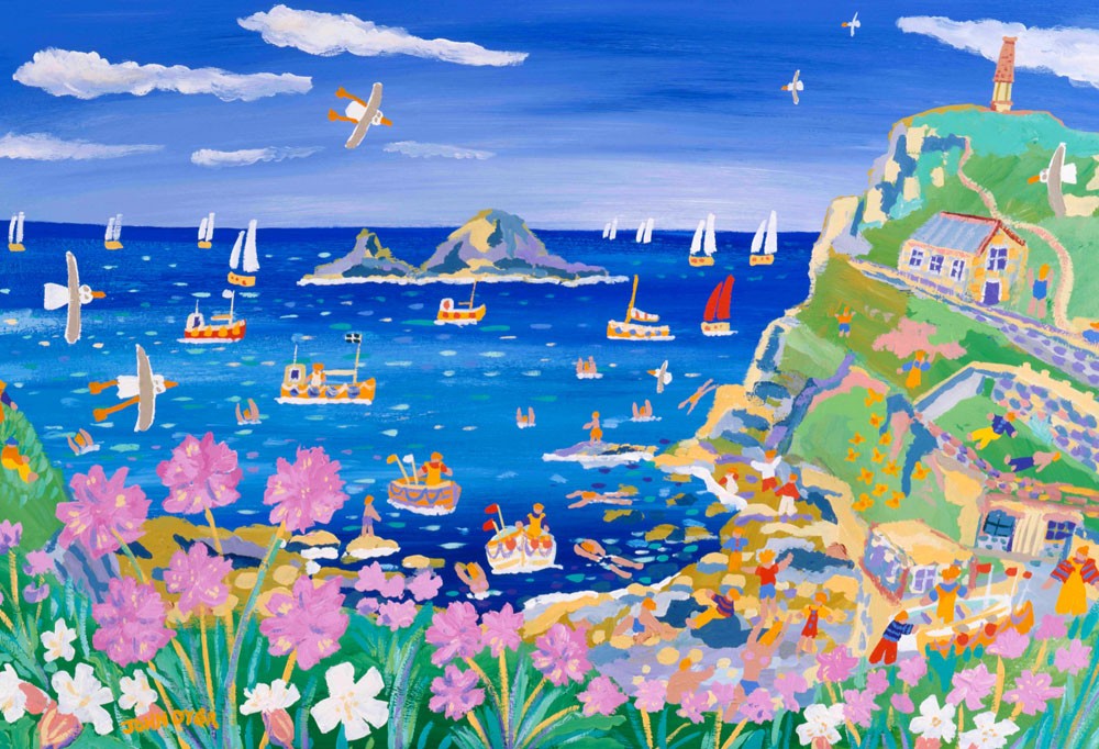 Signed Print by Cornish Artist John Dyer. Sea Pinks at Cape Cornwall.