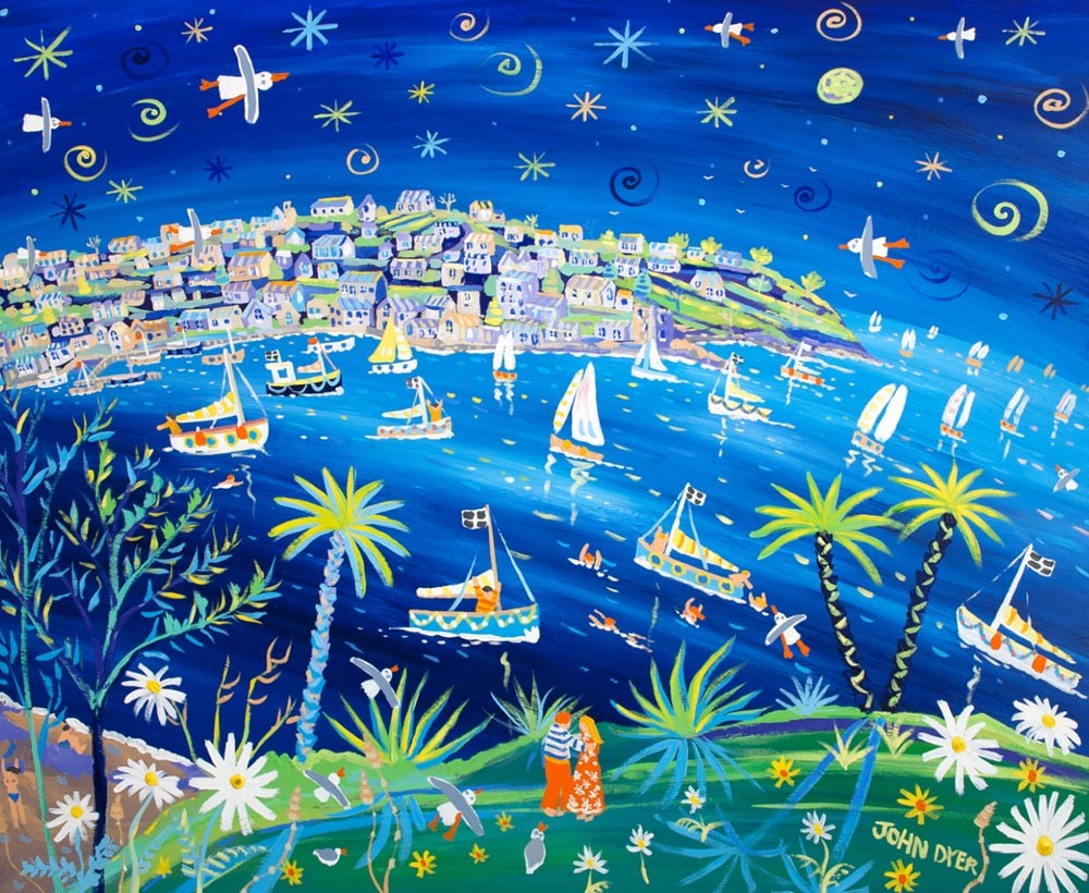 Signed Limited Edition Print by Cornish Artist John Dyer. Moonlight and Love Fowey.