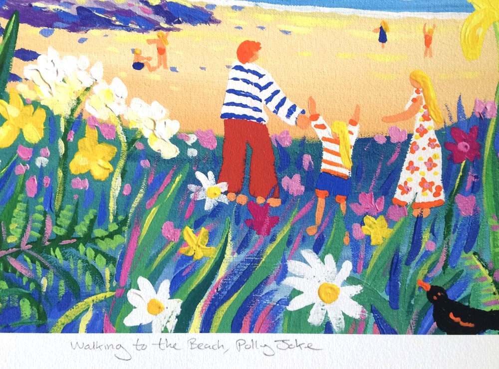 Signed Limited Edition Print by Cornish Artist John Dyer. &#39;Walking to the Beach, Polly Joke&#39;. Cornwall Art Gallery Print