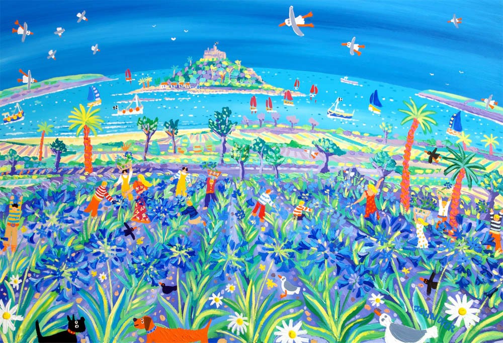 Limited Edition Print by Cornish Artist John Dyer. Picking the Agapanthus Mount&#39;s Bay. Cornwall Art Gallery Print.