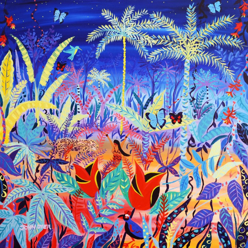 Amazon rainforest vana spirit - Yawanawá tribe. Painting by artist for the earth John Dyer. Rainforest, jaguar, butterflies, hummingbird, spirit woman