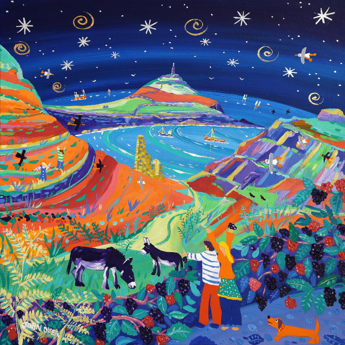 Limited Edition Print by Cornish Artist John Dyer. 'Blackberry Picking under the Stars, Cape Cornwall'. Cornwall Art Gallery Print