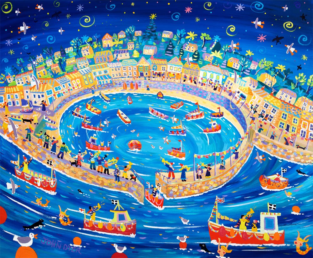 Signed Limited Edition Print by Cornish Artist John Dyer. 'Musical Mousehole'. Cornwall Art Gallery Print