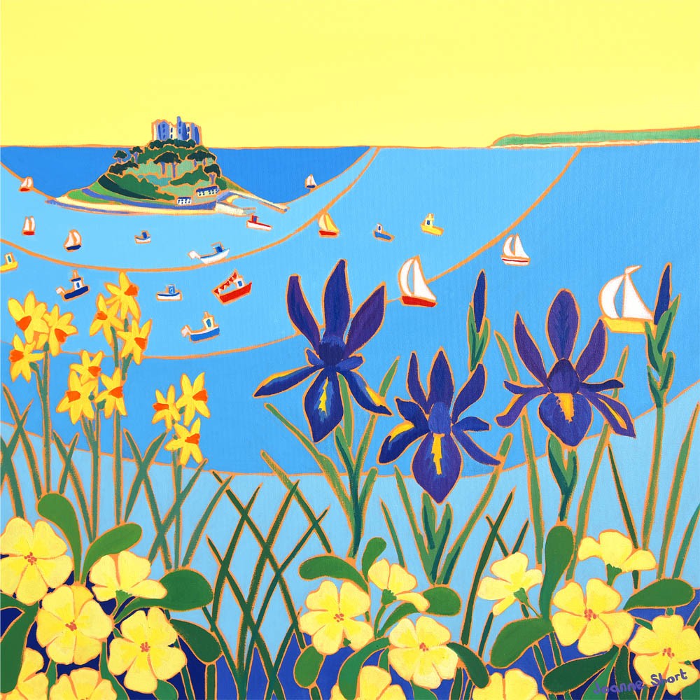 Signed Limited Edition Print by Cornish artist Joanne Short. Spring Flowers on a Calm Day, St Michael&#39;s Mount.