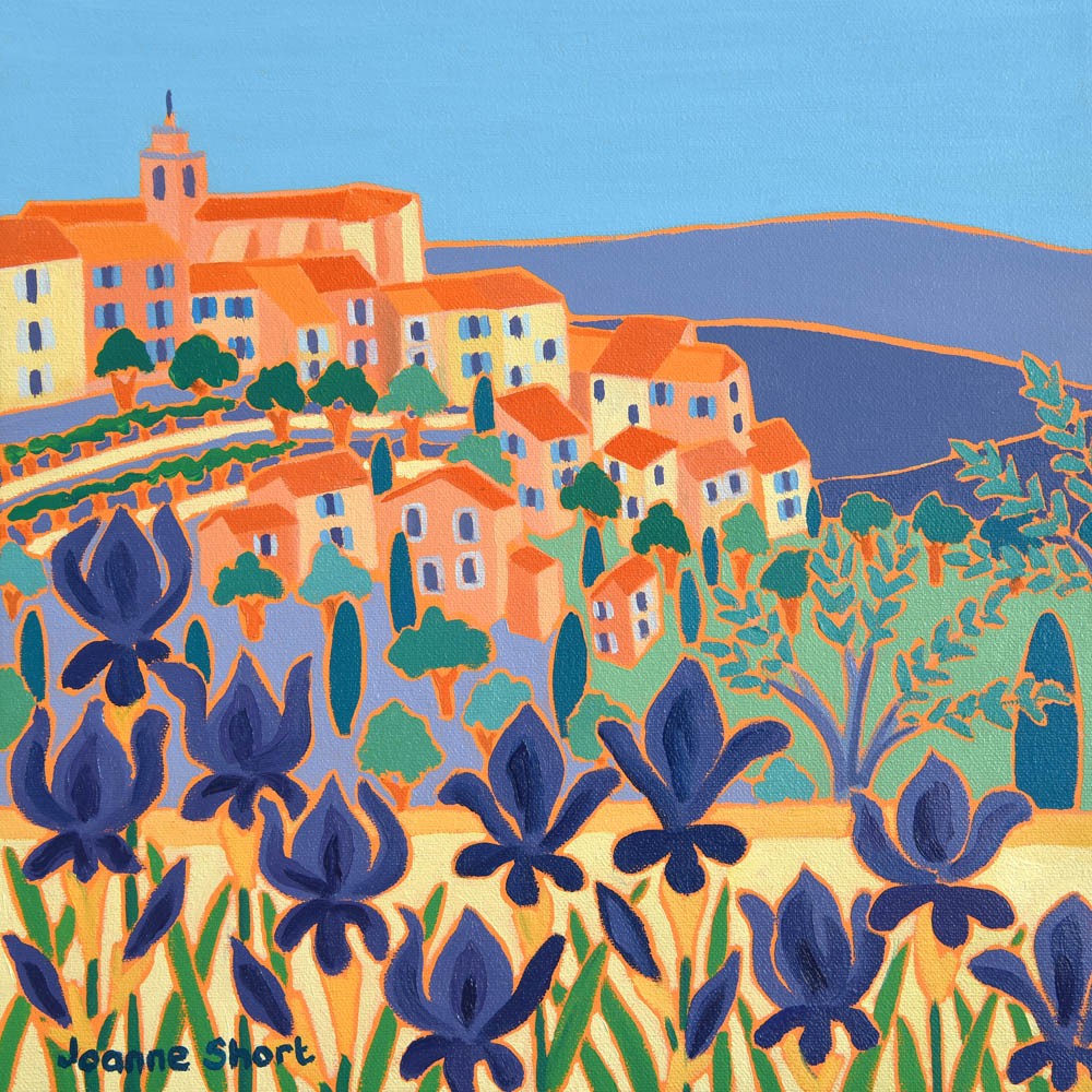 Joanne Short Painting. Purple Iris, Gordes, Provence. France. 12 x 12 inches oil on canvas