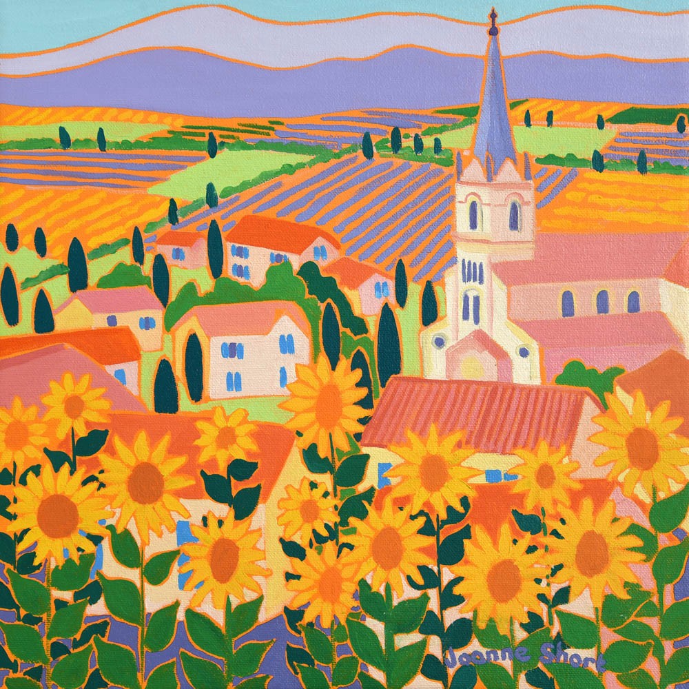 Original painting by Joanne Short. View through the Sunflowers, Bonnieux, Provence.