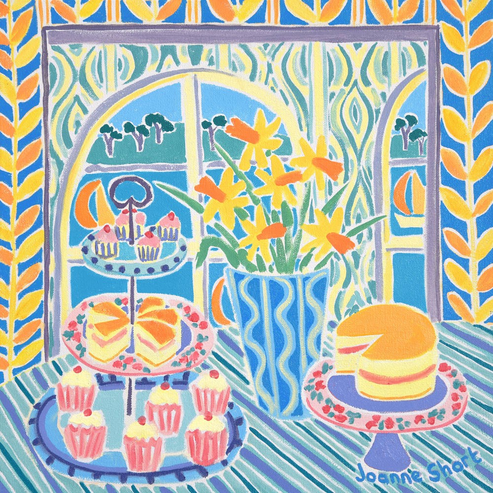 Original still life painting by Joanne Short. Cakes on Plates, Falmouth.