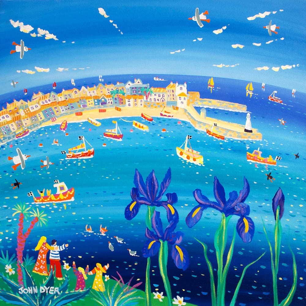 Blue Iris and Blue Sea, St Ives. Original Painting by John Dyer