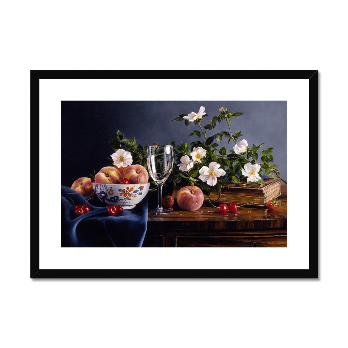 Ted Dyer Framed Open Edition Cornish Fine Art Print. &#39;Peaches and Dog Roses Still Life&#39;. Cornwall Art Gallery