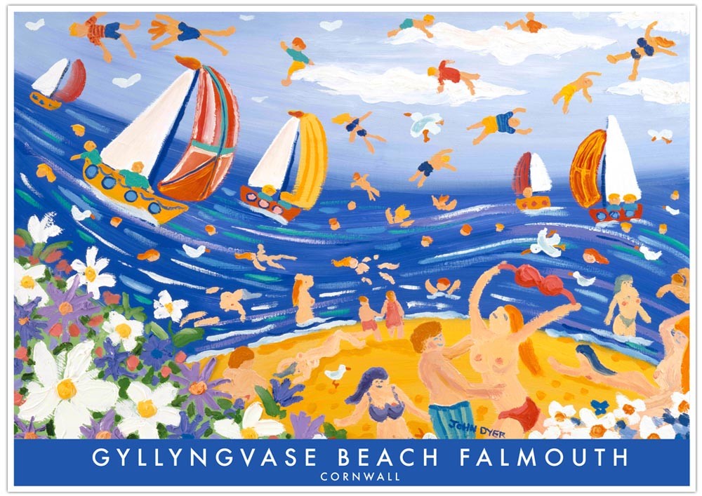 Vintage Style Seaside Travel Poster by John Dyer. Saucy Seaside Gyllyngvase Beach Cornwall
