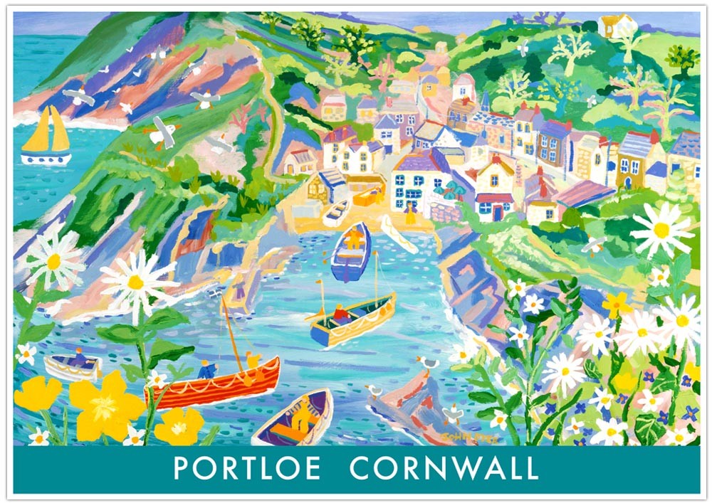 A vintage style fine art wall poster print of the fishing village of Portloe in Cornwall by artist John Dyer. Painted from the &#39;flag staff&#39; the print features the view from above Portloe and takes in the village and the many fishing boats heading back to the beach. Moon daisies and buttercups fill the foreground. This is a delightful vintage style art poster print from Cornwall&#39;s best loved artist. The print is available framed and unframed in a wide variety of sizes.