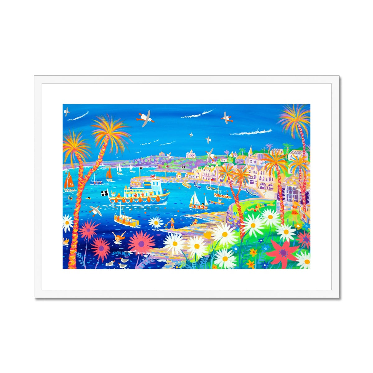 John Dyer Framed Open Edition Cornish Art Print. 'Mediterranean St Mawes, Cornwall'. Cornwall Art Gallery