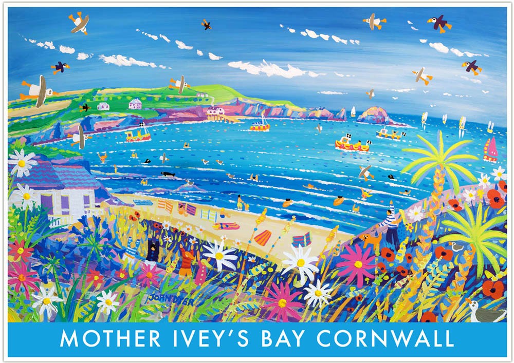 A stunning fine art wall poster print of Mother Ivey&#39;s Bay in Cornwall by Cornish artist John Dyer. The print captures the essence of a family holiday on the North Cornish Coast at Mother Ivey&#39;s Bay. Wild flowers abound on the cliffs, the surf gently rolls into the beach, Puffins and Seagulls fly through the sky and surfers catch brilliant blue waves. A perfect Cornish art poster print capturing the essence of holidaying in Cornwall which is available framed or unframed in a wide variety of sizes.