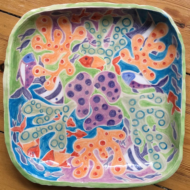 Cornish fish square ceramic plate by artist Joanne Short.
