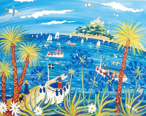 Limited Edition Print by Cornish Artist John Dyer. 'Calm Seas and Palm Trees, St Michael's Mount'. Cornwall Art Gallery Print