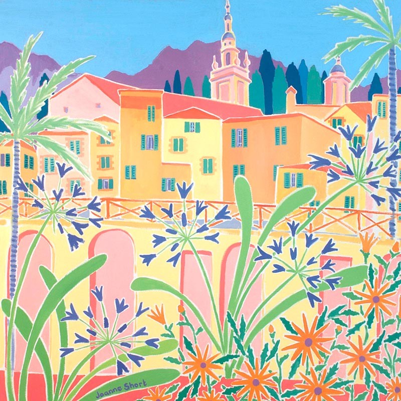 Original Painting by Joanne Short. Agapanthus in the Old Town, Menton. France.