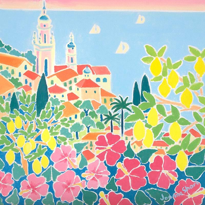 Original Painting by Joanne Short. Blushing Pink Sky over Menton. France.